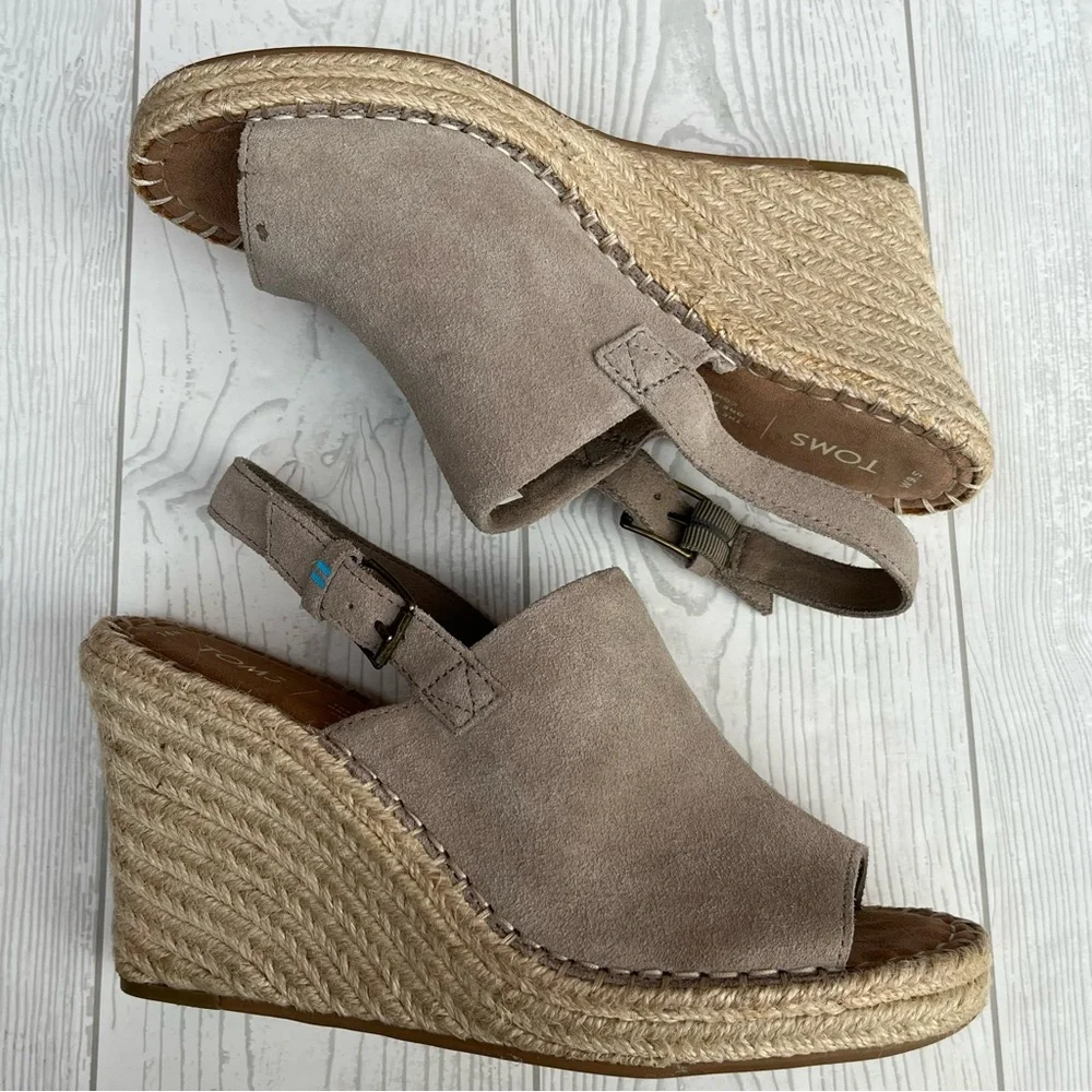TOMS Monica Wedge Espadrille Sandals Desert Taupe Suede Size 9.5 M